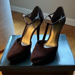 Lauren Ralph Lauren Jadyn T-Strap Platform Heels | Brown Suede | Sz 8 Like New!